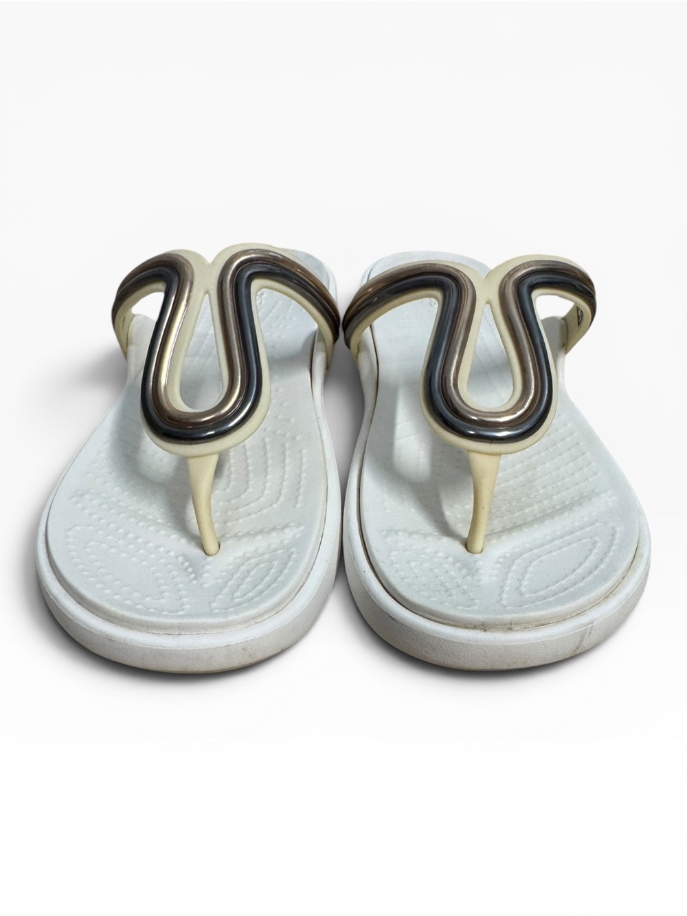 Crocs Sanrah Metal Block Flip Flops White Bronze Comfort Sandals Womens Size 7 - Picture 5 of 8